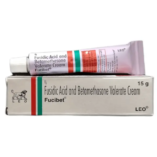Fusidic acid and betamethasone valerate cream Fucibet 15g skin cream tube and packaging box image