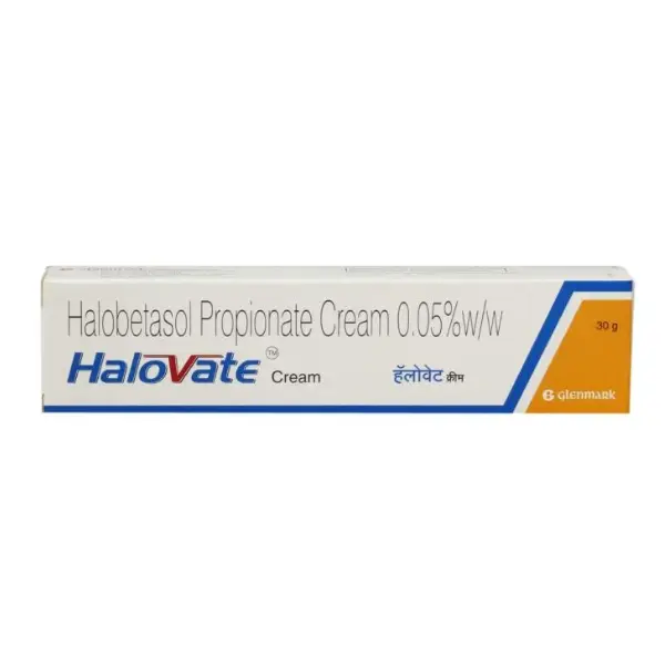 Halovate Cream 0.05% (Halobetasol) 1 Halobetasol propionate cream 0.05 Halovate 30g skin cream packaging box image