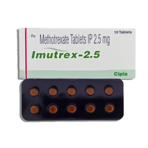Imutrex 2.5 mg methotrexate tablets pack and blister by Cipla used for rheumatoid arthritis, psoriasis and cancer treatment