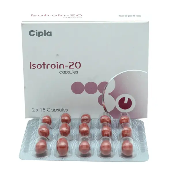 Isotroin 20 mg Capsule (Isotretinoin) 1 Isotroin 20 mg isotretinoin capsules blister pack and box by Cipla for acne treatment