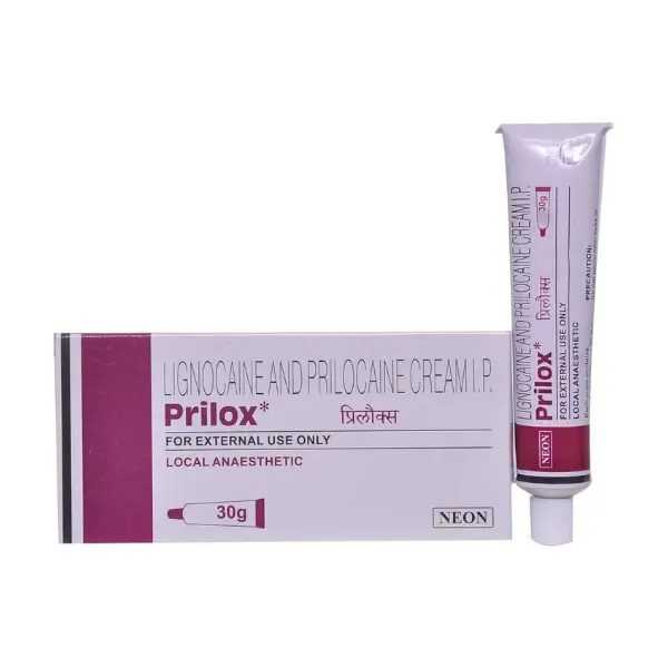 Prilox Cream 30 gm (Prilocaine/Lidocaine ) 1 Lignocaine and prilocaine cream IP Prilox 30g local anaesthetic tube and packaging box image