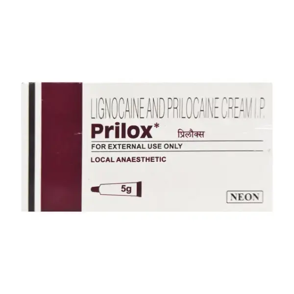 Prilox Cream 5 gm (Prilocaine/Lidocaine) 1 Lignocaine and prilocaine cream IP Prilox 5g local anaesthetic packaging box image