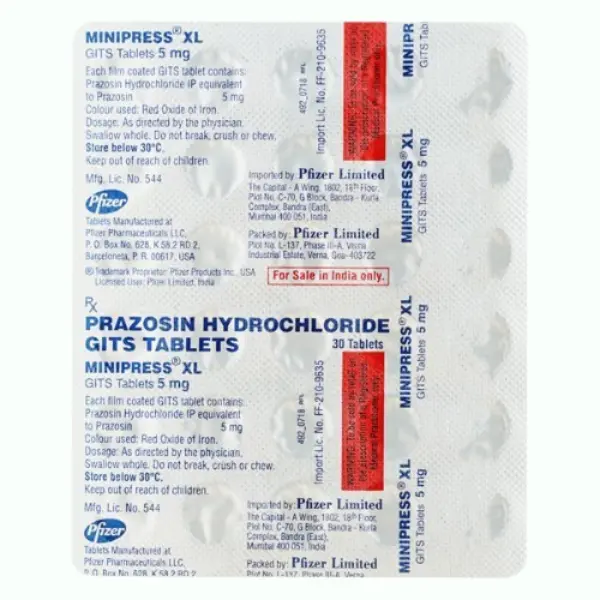 Minipress XL 5 mg Prazosin Hydrochloride GITS 5 mg Tablets Blister Pack Pfizer