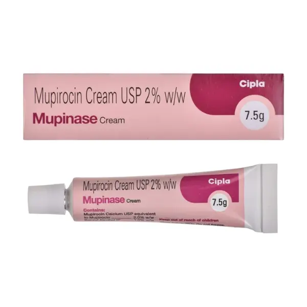Mupinase Cream 7.5 gm (Mupirocin 2%) 1 Mupirocin cream USP 2 percent Mupinase 7.5g tube and packaging box image
