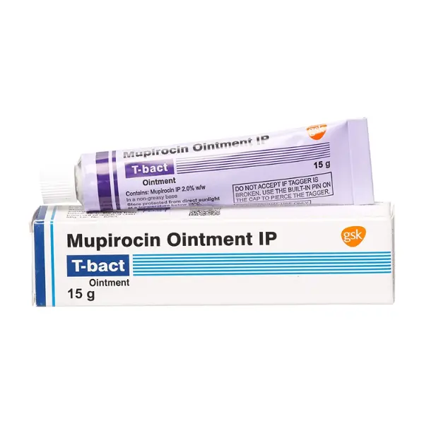 T-Bact Ointment 15 gm (Mupirocin) 1 Mupirocin ointment IP T-Bact 15g skin ointment tube and packaging box image