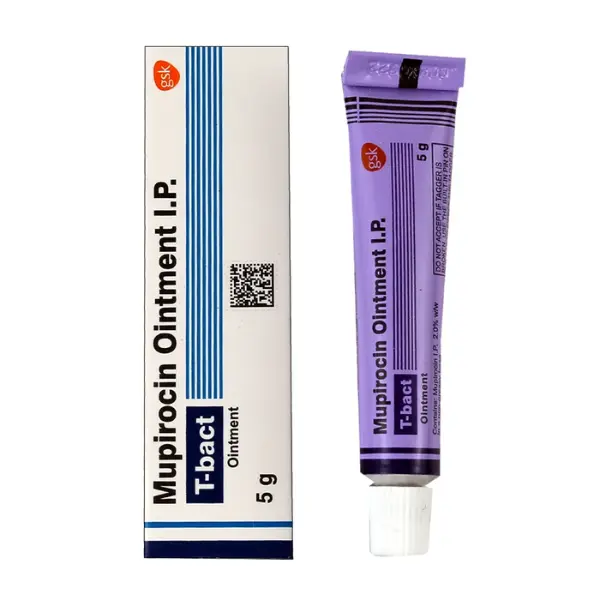 T-Bact Ointment 5 gm (Mupirocin) 1 Mupirocin ointment IP T-Bact 5g skin ointment tube and packaging box image