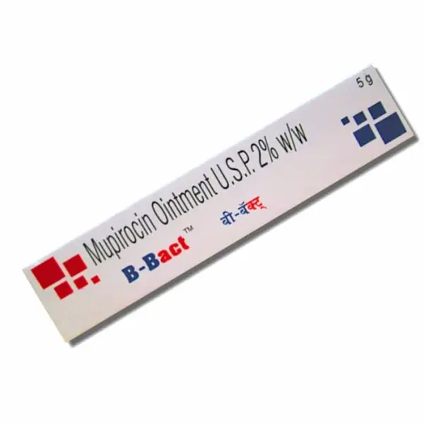 B-Bact Ointment 5 gm (Mupirocin) 1 Mupirocin ointment USP 2 percent B-Bact 5g skin ointment packaging box image