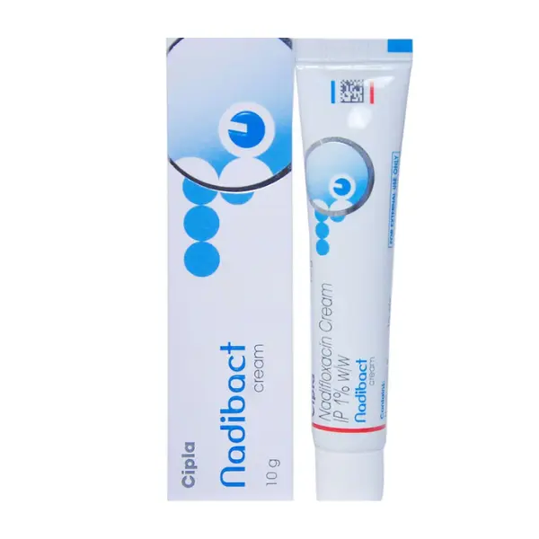 Nadibact Cream (Nadifloxacin) 1 Nadibact nadifloxacin cream 10g antibacterial cream tube and packaging box image