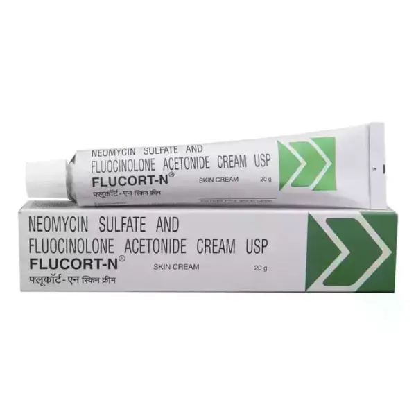 Neomycin sulfate and fluocinolone acetonide cream USP Flucort N 20g skin cream tube and packaging box image
