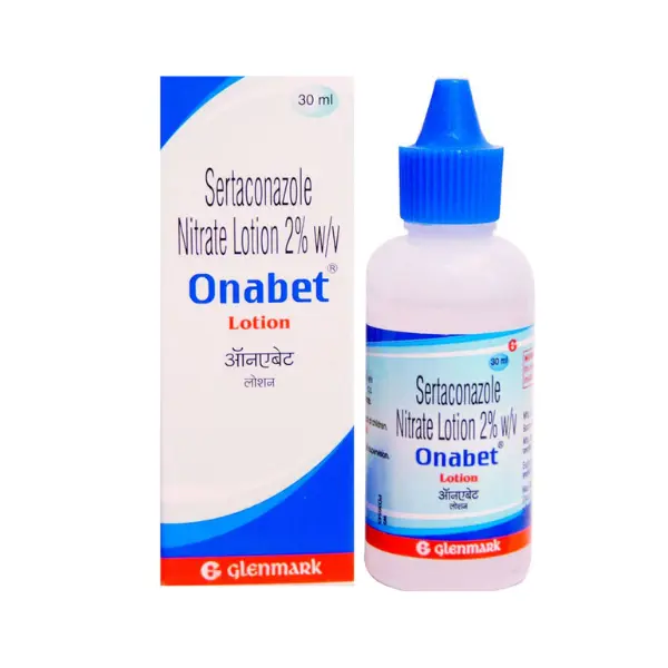 Onabet 2% Cream (Sertaconazole) 1 Sertaconazole nitrate lotion 2 percent Onabet 30ml antifungal lotion bottle and packaging box image