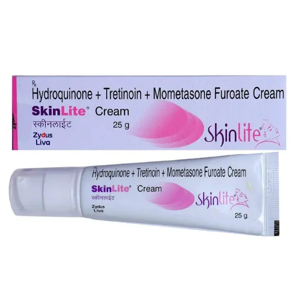 Skinlite Cream (Hydroquinone/Tretinoin/Mometasone) 1 SkinLite cream 25 g containing hydroquinone, tretinoin and mometasone furoate tube and box by Zydus Liva for melasma and hyperpigmentation treatment