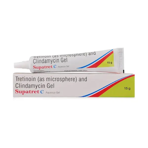 Supatret C gel 15g tube and box with tretinoin microsphere and clindamycin topical acne treatment