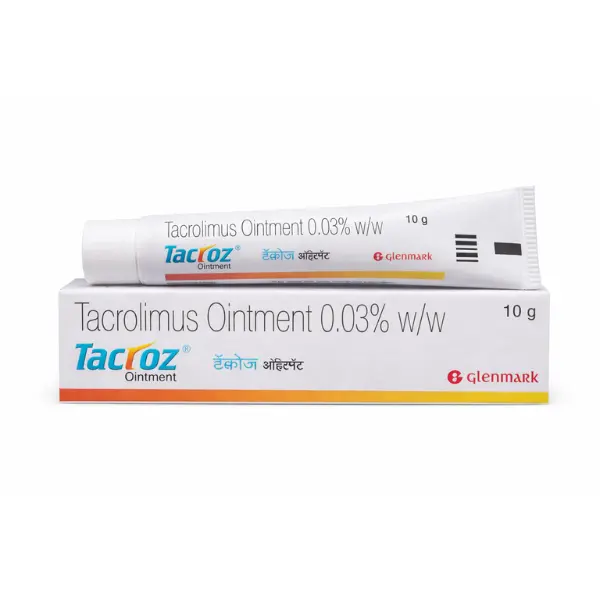Tacroz Ointment 0.03% (Tacrolimus) 1 Tacrolimus Ointment 0.03% – Tacroz 10g Skin Ointment Tube and Box Image