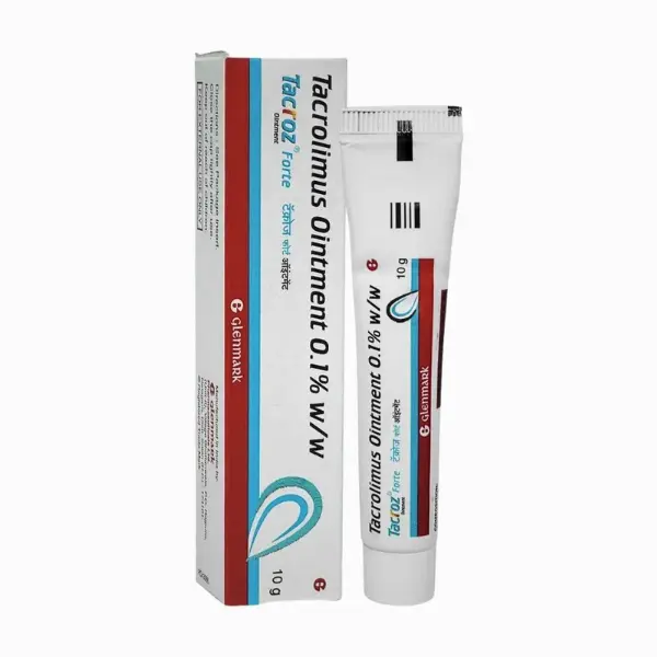 Tacroz Forte Ointment 0.1% (Tacrolimus) 1 Tacrolimus ointment 0.1 percent Tacroz Forte 10g skin ointment tube and packaging box image