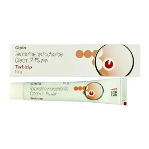 Terbinafine hydrochloride cream IP 1 percent Terbicp 10g antifungal cream tube and packaging box image