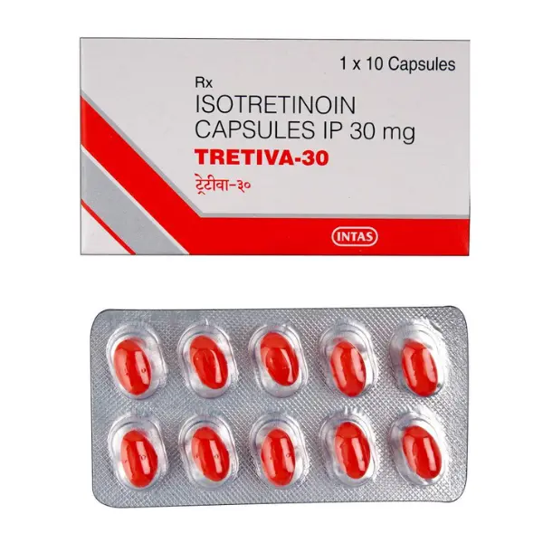 Tretiva 30 mg Capsule (Isotretinoin) 1 Tretiva 30 mg isotretinoin capsules 30mg blister pack and box acne treatment medication