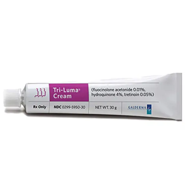 Tri-Luma Cream (Fluocinolone/Hydroquinone/Tretinoin) 1 Tri-Luma cream 30 g tube containing fluocinolone acetonide 0.01%, hydroquinone 4% and tretinoin 0.05% for melasma and hyperpigmentation treatment