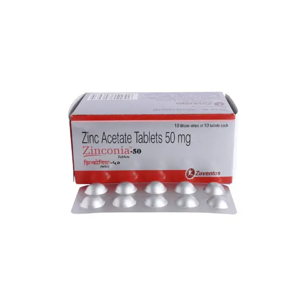 Zinc Acetate Tablets 50 mg Zinconia-50 by Zuventus – Box and Blister Pack Image