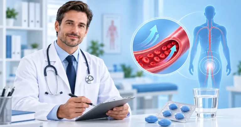 Doctor holding a clipboard beside blue sildenafil tablets and an illustration showing how Viagra increases blood flow to the pelvic area