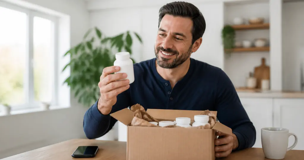Man opening a delivery box of bulk medicine bottles to save on shipping costs