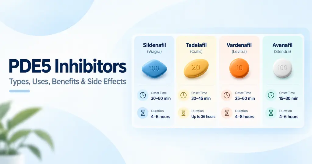 Comparison of PDE5 inhibitors sildenafil, tadalafil, vardenafil and avanafil showing onset and duration