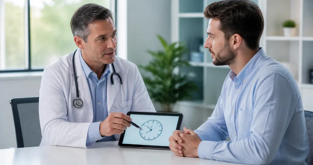 Doctor explaining priapism and the 4-hour erection warning to a concerned male patient in a clinic